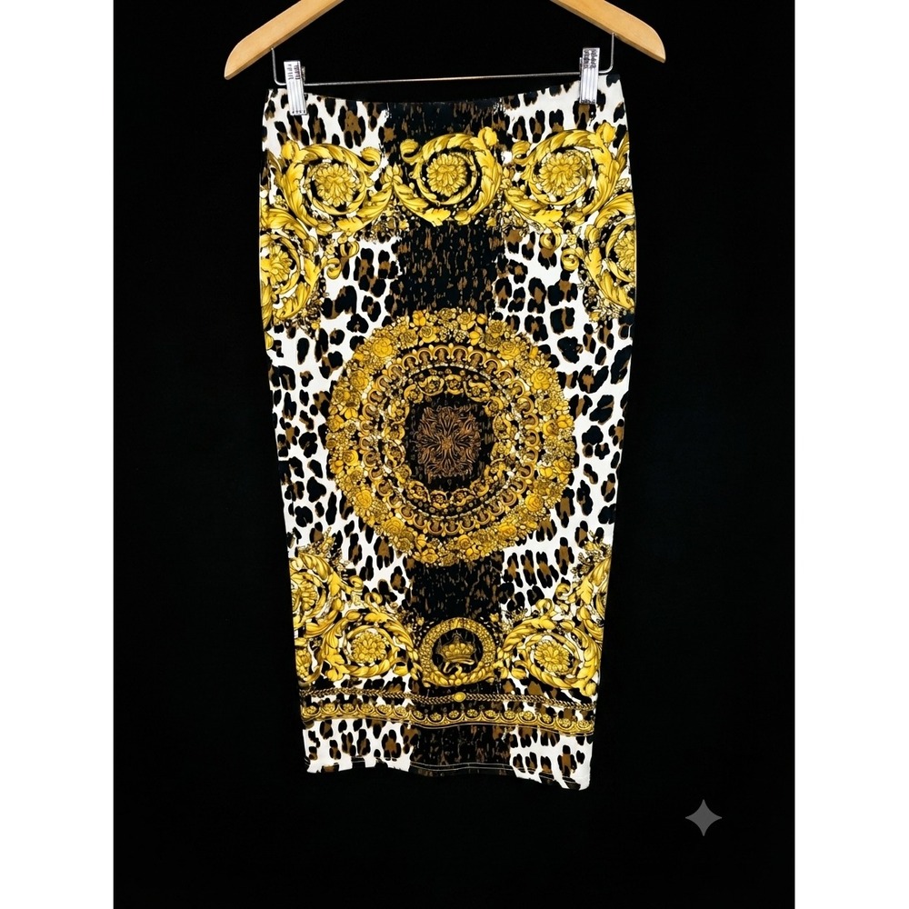 Reveuse Womens Leopard Baroque Gold Medallion Midi Old Money Pencil Skirt Size M